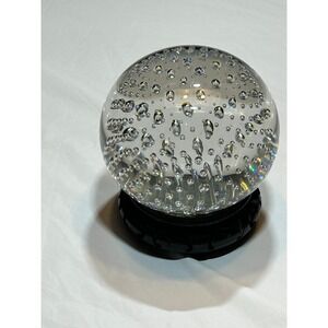 Steuben Controlled Bubble Glass Ball Globe Sphere‎ 1903 to 1932 Carved Wood Base